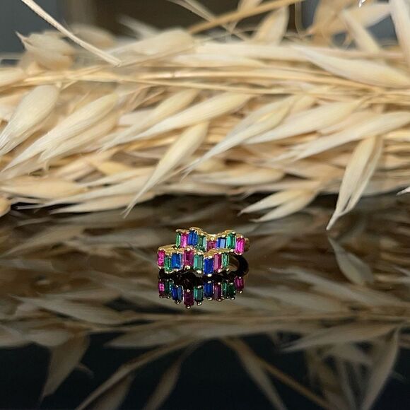 Gold Plated Baguette Huggie Hoop Earrings Dainty Minimalistic Silver CZ gems - Picture 4 of 6